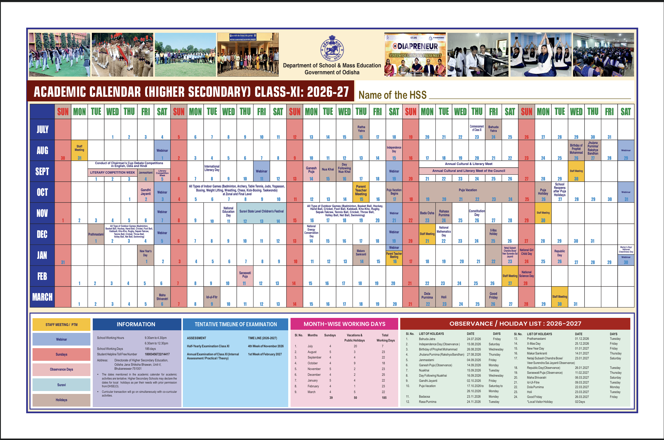 Academic calendar for Higher Secondary Class XI, session 2026–27, Government of Odisha