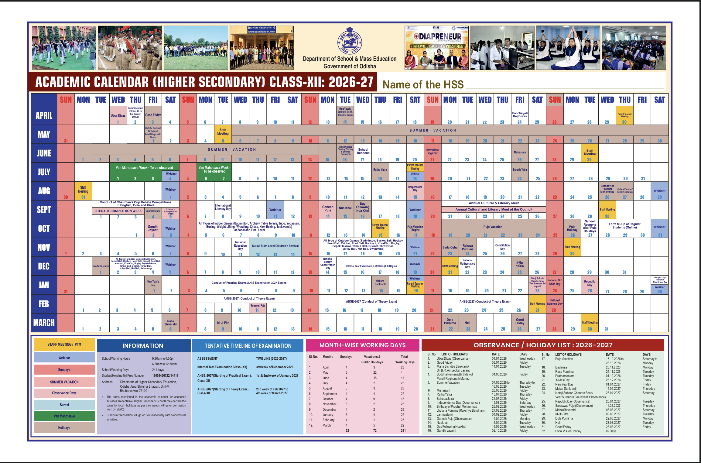Academic calendar for Higher Secondary Class XII, session 2026–27, Government of Odisha