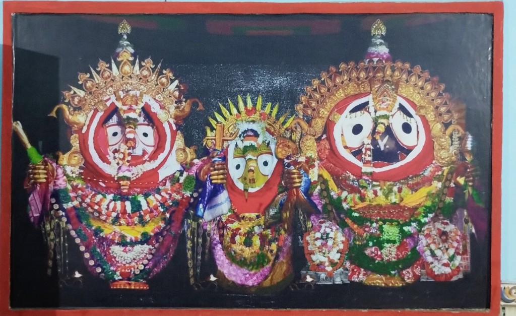 Traditional depiction of Lord Jagannath, Balabhadra, and Subhadra