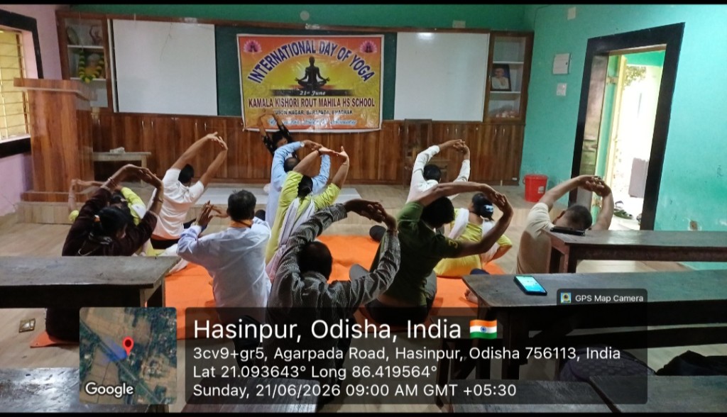 Staff and students practising yoga on International Day of Yoga at KKR Mahila HS School